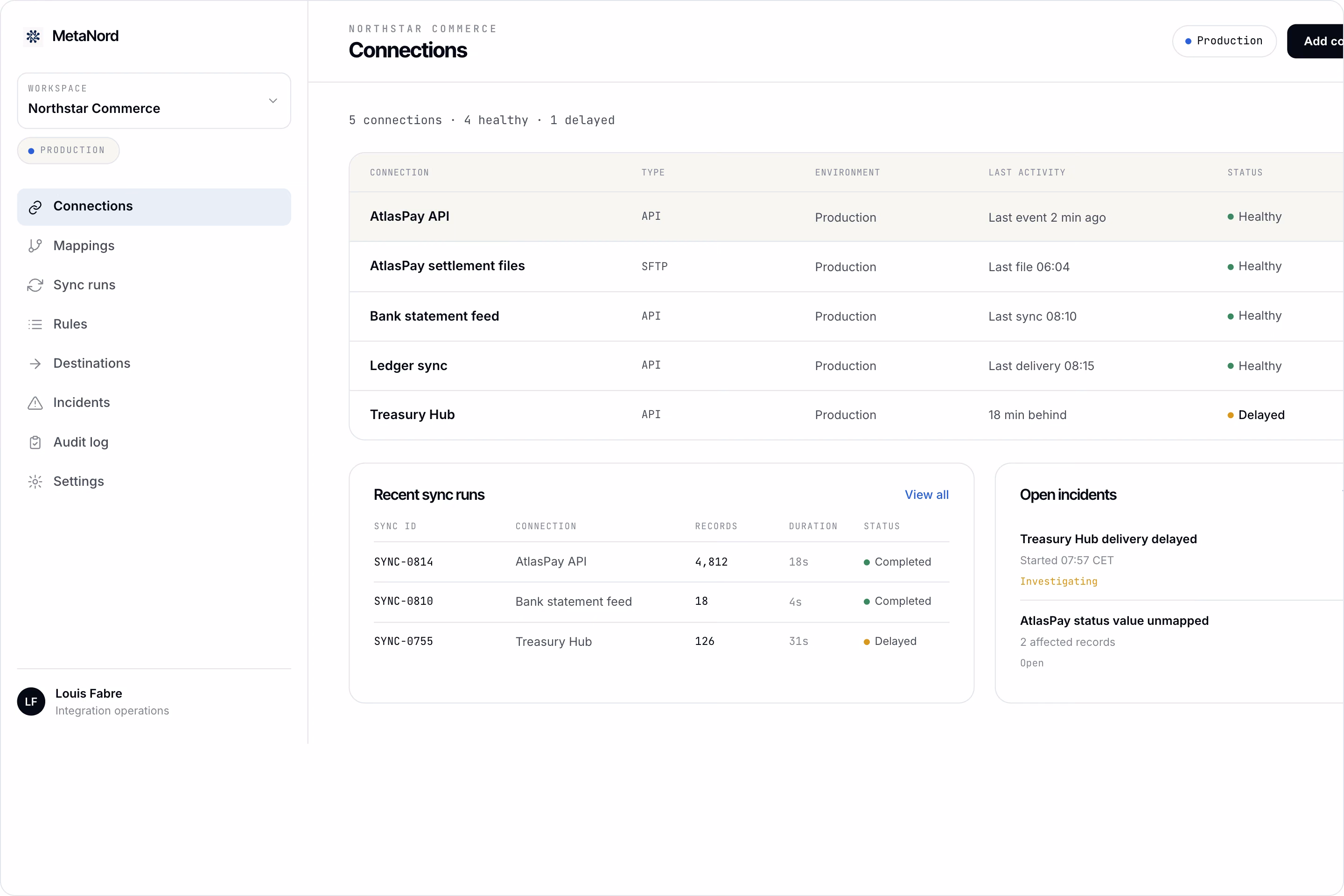 MetaNord Integration connections list showing connection type, environment, last activity and health status for each provider, alongside recent sync runs and open incidents.