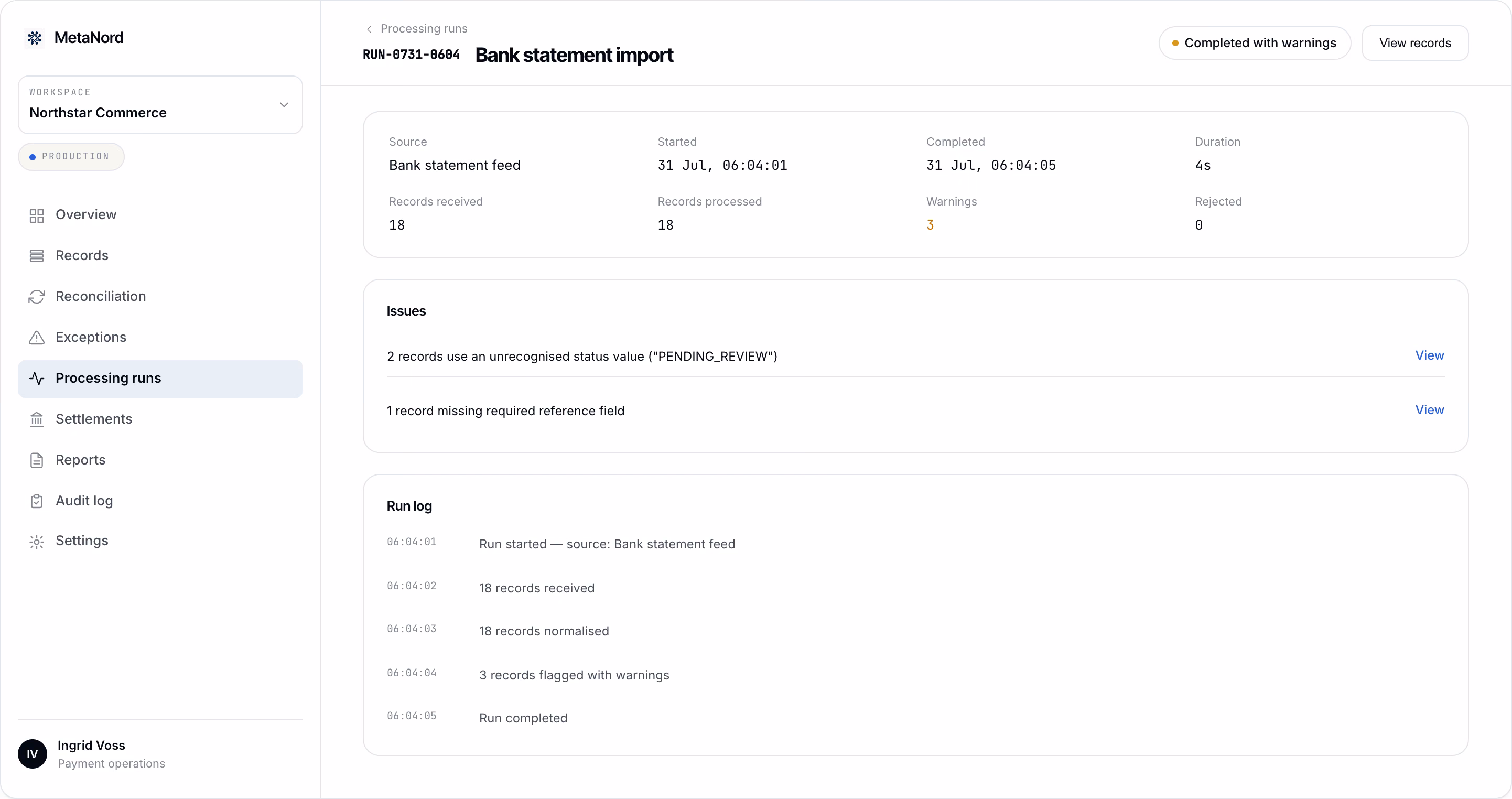MetaNord Platform processing run detail showing a bank statement import with records processed, warnings and a step-by-step run log.